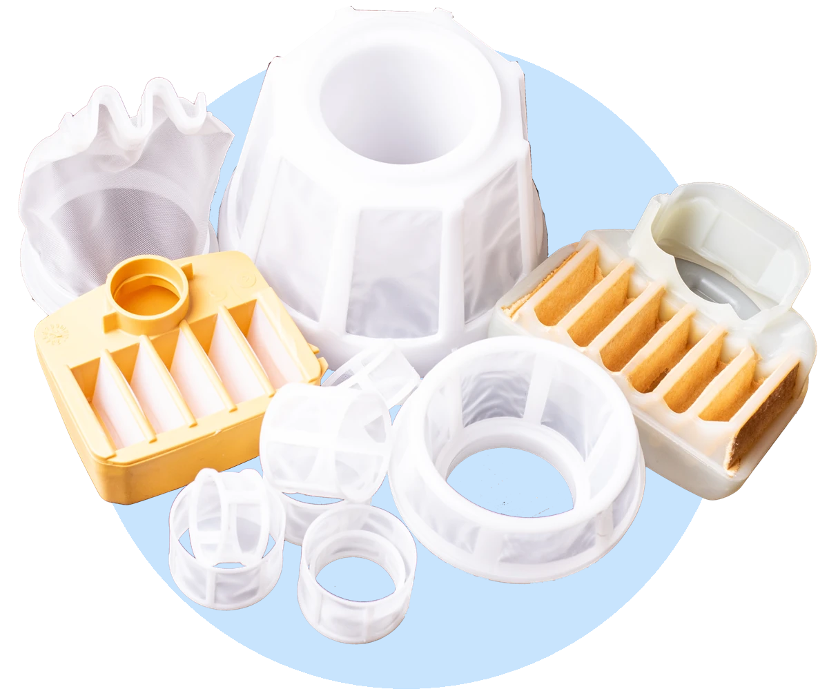 A collection of different filters manufactured at Essge-Plast